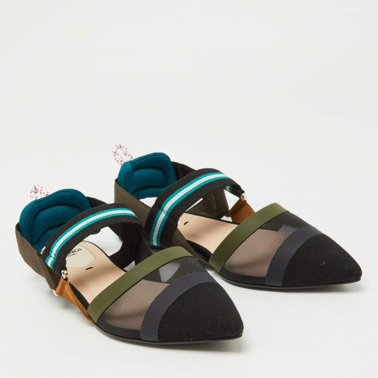 Pre Owned Fendi Multicolor Zucca Mesh and Leather Colibri Slingback Flats Size 36