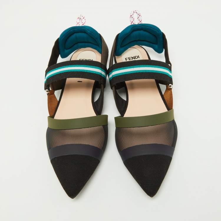 Pre Owned Fendi Multicolor Zucca Mesh and Leather Colibri Slingback Flats Size 36