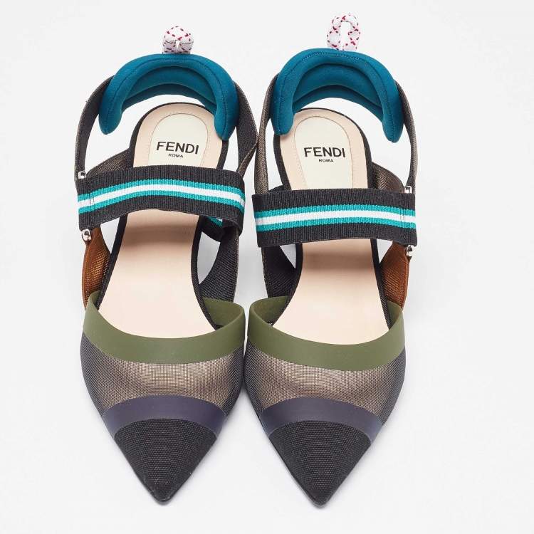 Pre Owned Fendi Multicolor Mesh and Canvas Colibri Slingback Pumps Size 35