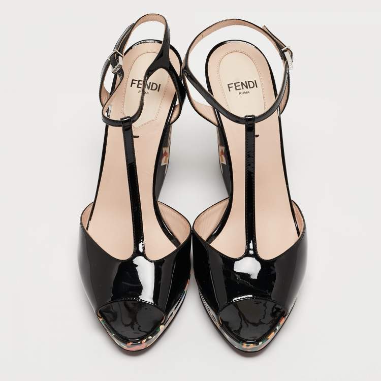 Pre Owned Fendi Black Patent Leather Bird Of Paradise T-Strap Wedge Sandals Size 36