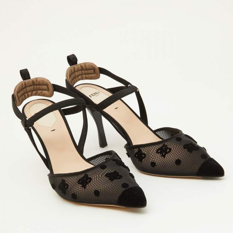 Pre Owned Fendi Black Mesh and Velvet Colibri Slingback Pumps Size 41