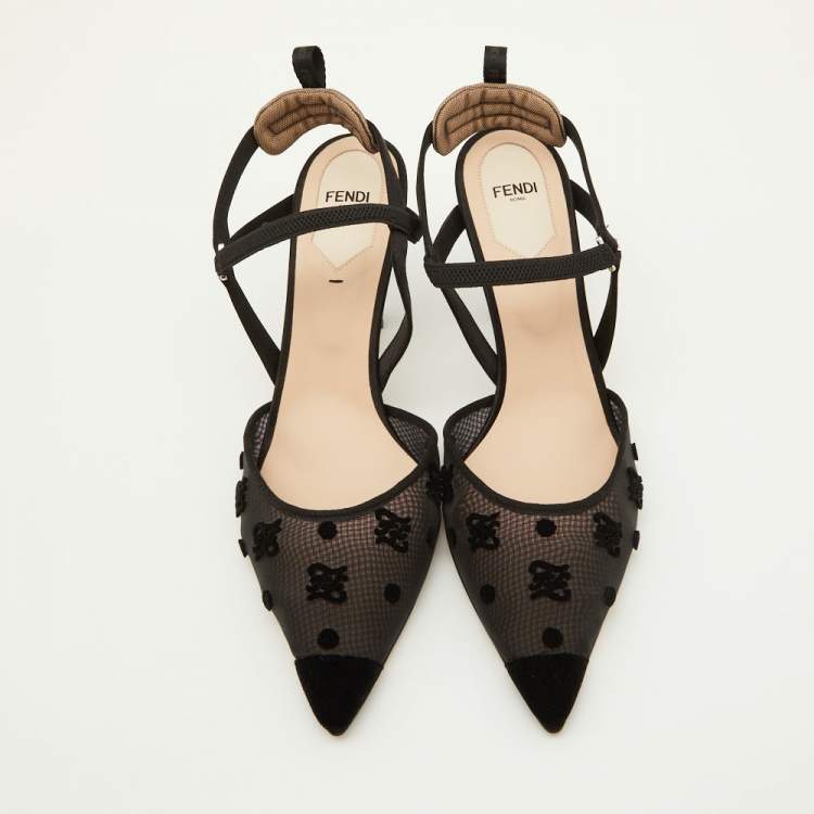 Pre Owned Fendi Black Mesh and Velvet Colibri Slingback Pumps Size 41