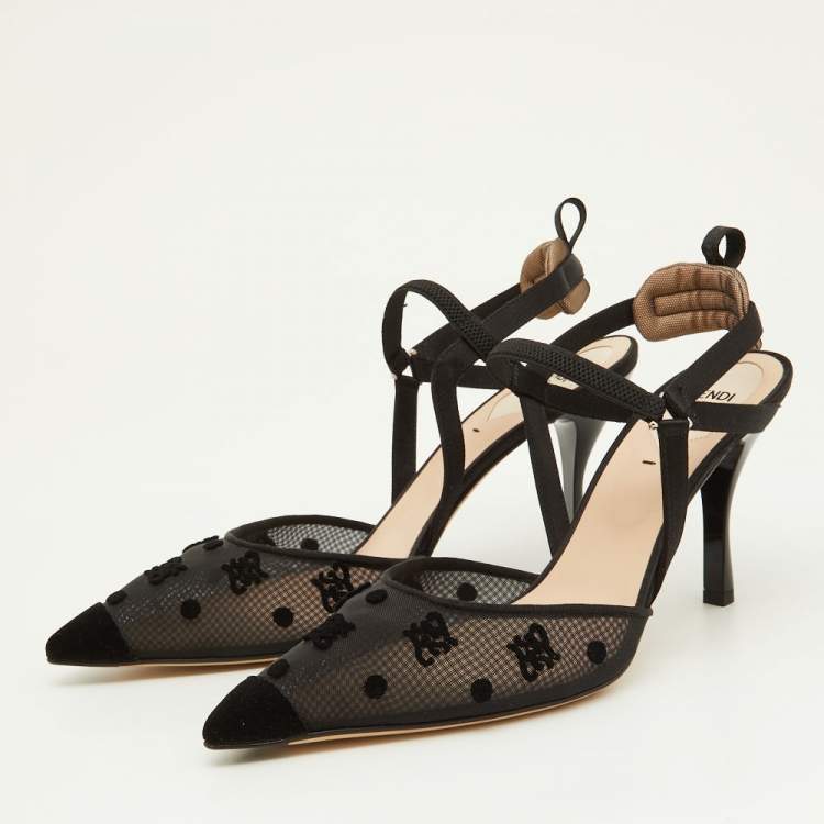 Pre Owned Fendi Black Mesh and Velvet Colibri Slingback Pumps Size 41