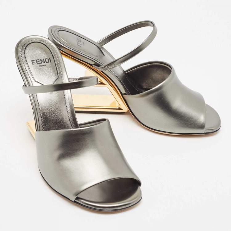 Pre Owned Fendi Grey Leather First Slide Sandals Size 36