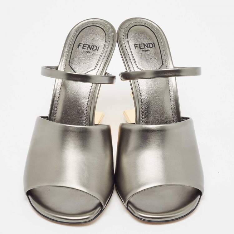 Pre Owned Fendi Grey Leather First Slide Sandals Size 36