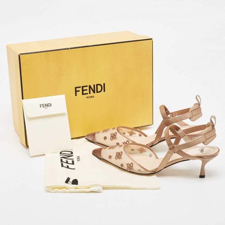 Pre Owned Fendi Beige Mesh and Satin Colibri Pointed Toe Slingback Pumps Size 36.5