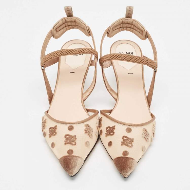 Pre Owned Fendi Beige Mesh and Satin Colibri Pointed Toe Slingback Pumps Size 36.5