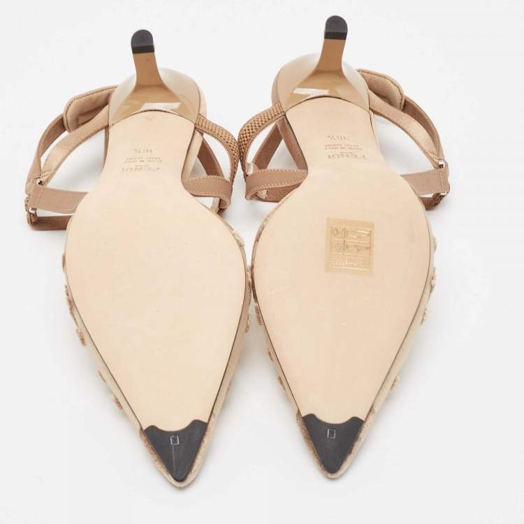 Pre Owned Fendi Beige Mesh and Satin Colibri Pointed Toe Slingback Pumps Size 36.5