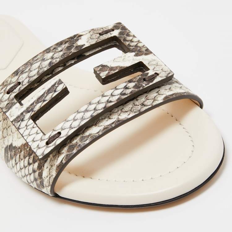 Pre Owned Fendi Beige/Cream Python Embossed Leather Baguette Flat Slides Size 35