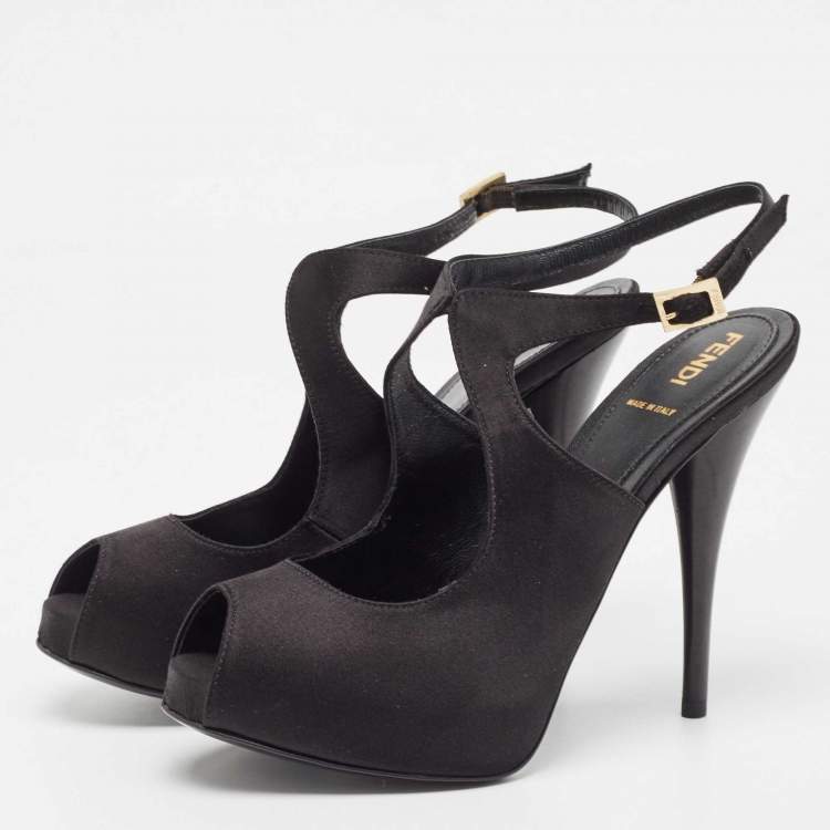 Pre Owned Fendi Black Satin Peep Toe Ankle Strap Pumps Size 38.5 