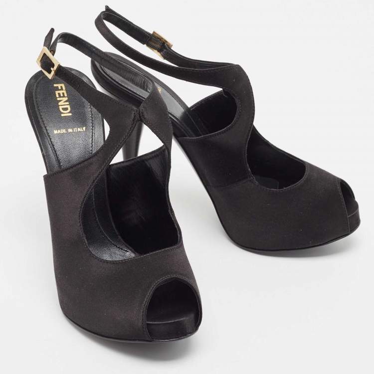 Pre Owned Fendi Black Satin Peep Toe Ankle Strap Pumps Size 38.5 