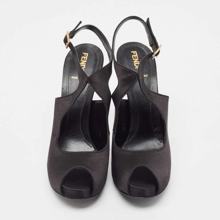 Pre Owned Fendi Black Satin Peep Toe Ankle Strap Pumps Size 38.5 