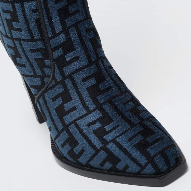 Pre Owned Fendi Blue/Black FF Jacquard Chenille Knee Length Boots Size 37.5