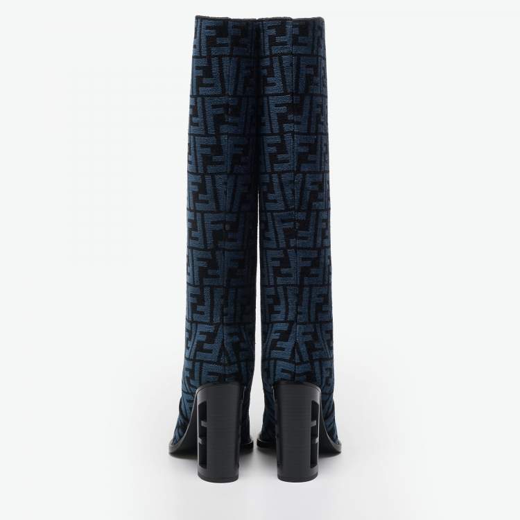 Pre Owned Fendi Blue/Black FF Jacquard Chenille Knee Length Boots Size 37.5
