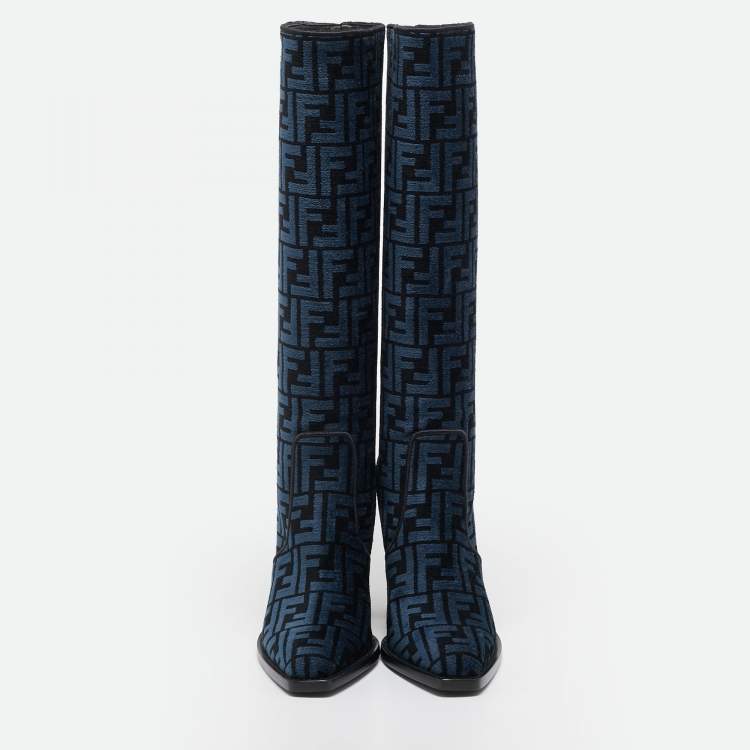 Pre Owned Fendi Blue/Black FF Jacquard Chenille Knee Length Boots Size 37.5