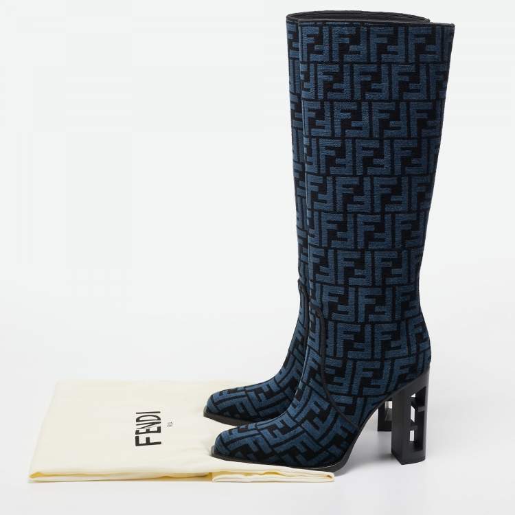 Pre Owned Fendi Blue/Black FF Jacquard Chenille Knee Length Boots Size 37.5