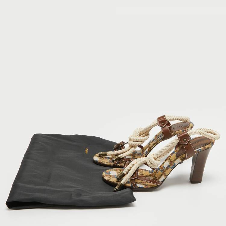 Pre Owned Fendi Brown/White Leather Rope Strappy Sandals Size 39