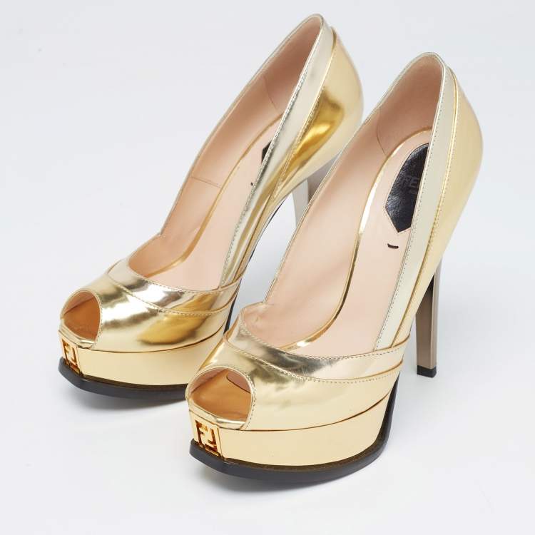 Pre Owned Fendi Gold Leather Fendista Peep Toe Pumps Size 36.5