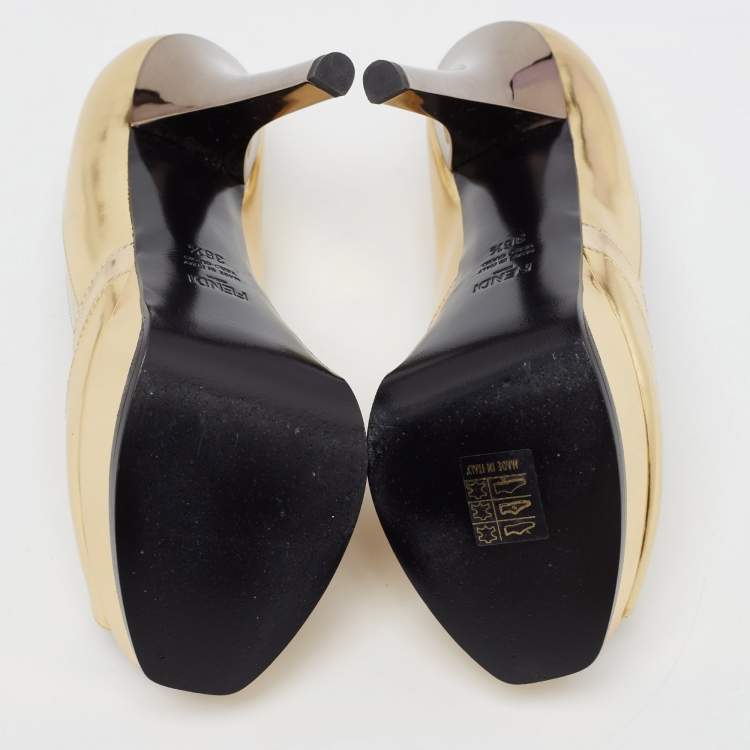 Pre Owned Fendi Gold Leather Fendista Peep Toe Pumps Size 36.5