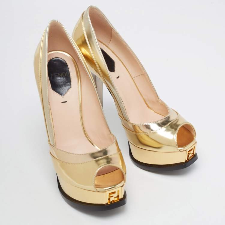 Pre Owned Fendi Gold Leather Fendista Peep Toe Pumps Size 36.5