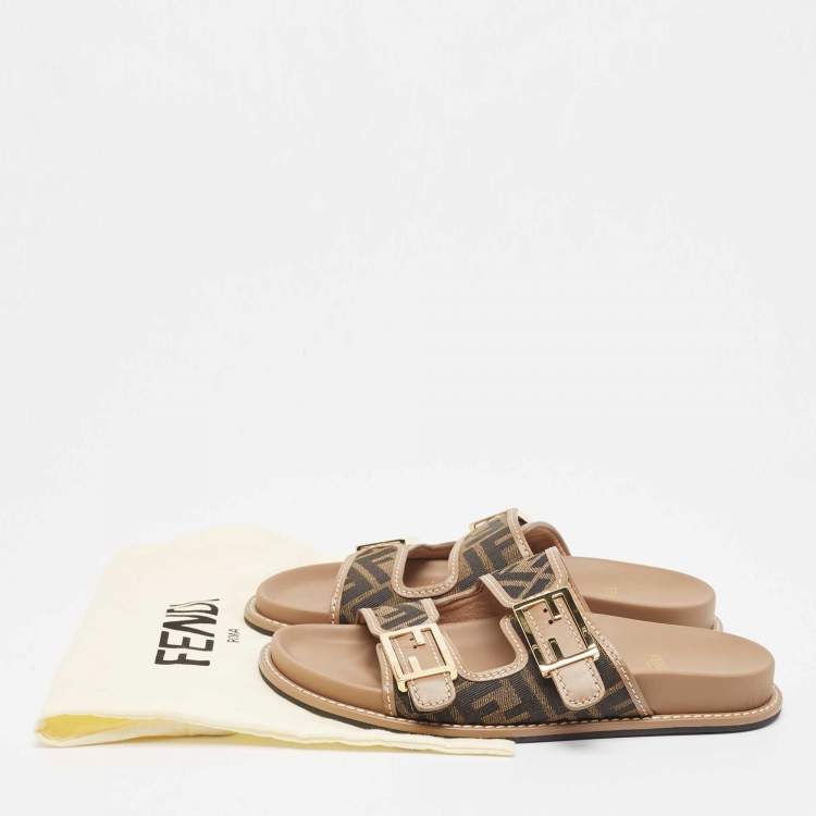 Pre Owned Fendi Brown Zucca Canvas and Leather FF Buckle Detail Slides Size 38