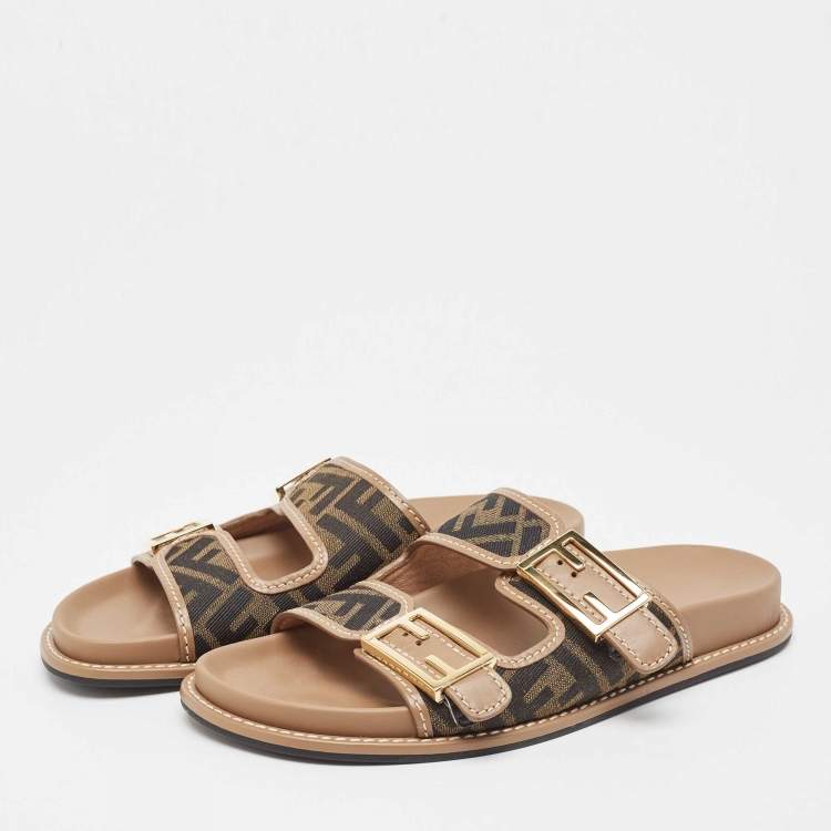 Pre Owned Fendi Brown Zucca Canvas and Leather FF Buckle Detail Slides Size 38