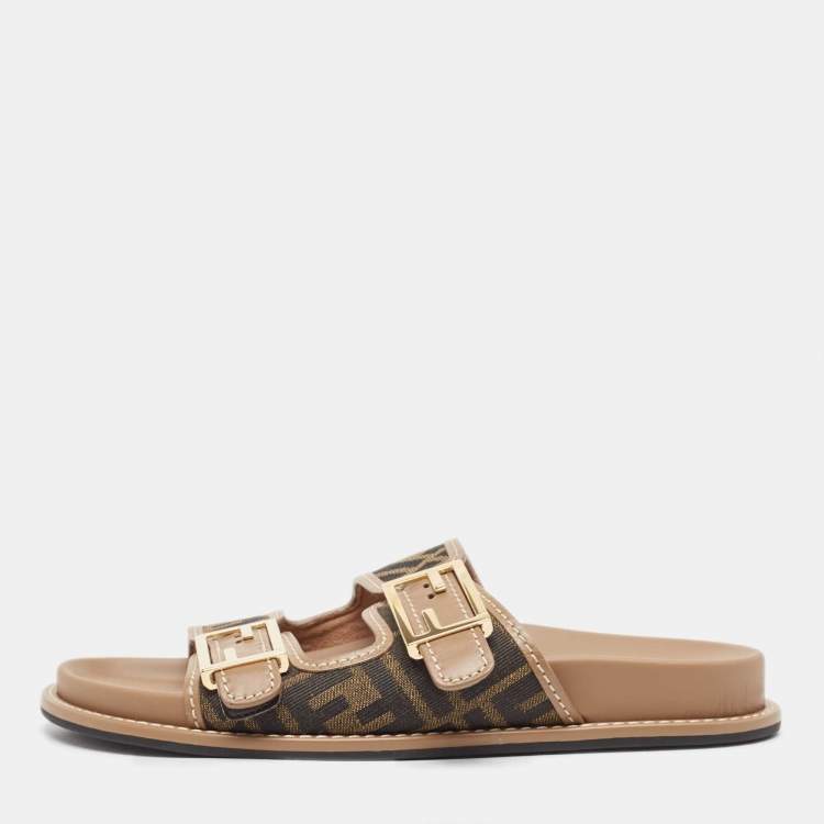 Pre Owned Fendi Brown Zucca Canvas and Leather FF Buckle Detail Slides Size 38