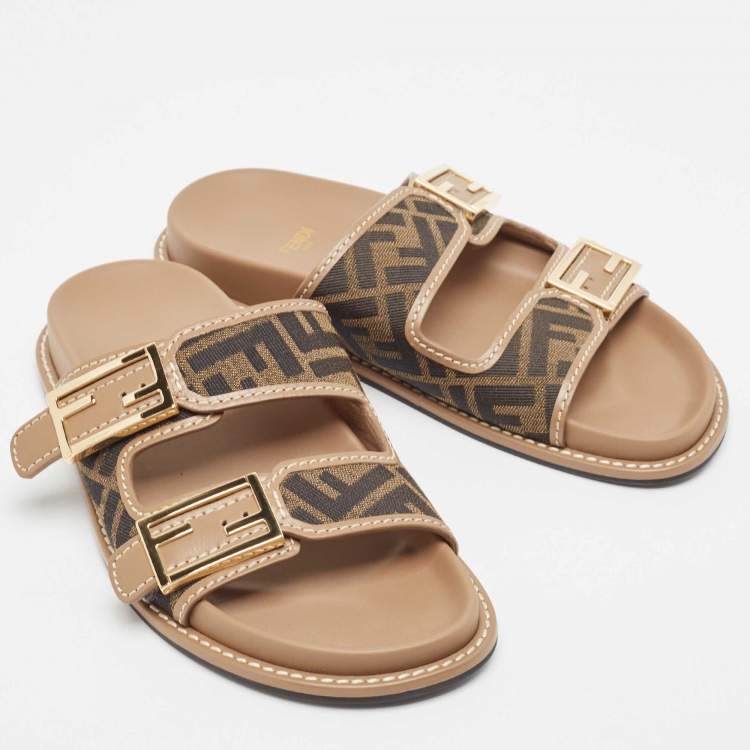 Pre Owned Fendi Brown Zucca Canvas and Leather FF Buckle Detail Slides Size 38