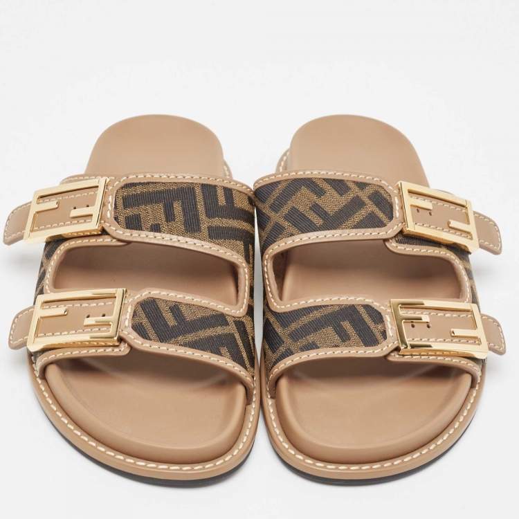 Pre Owned Fendi Brown Zucca Canvas and Leather FF Buckle Detail Slides Size 38