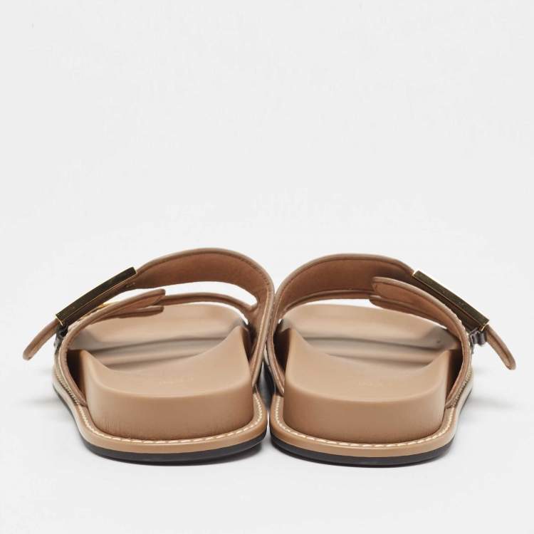 Pre Owned Fendi Brown Zucca Canvas and Leather FF Buckle Detail Slides Size 38