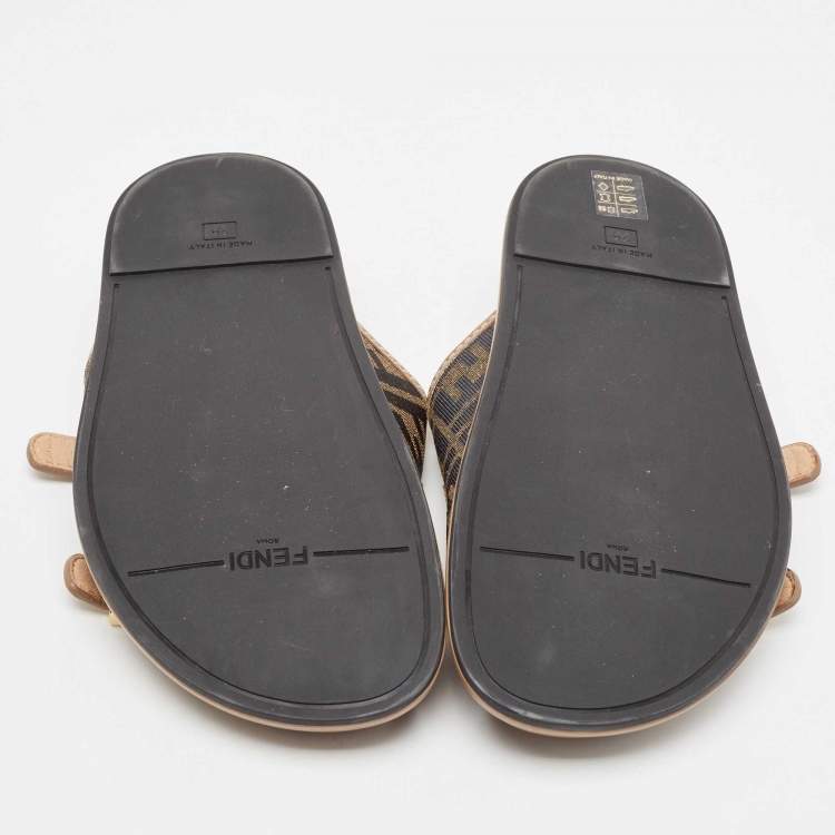 Pre Owned Fendi Brown Zucca Canvas and Leather FF Buckle Detail Slides Size 38