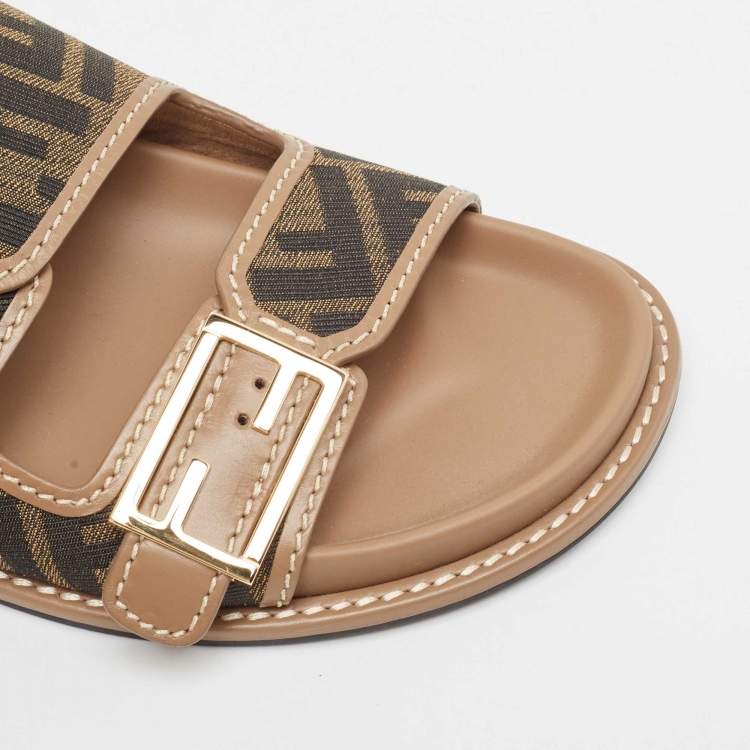 Pre Owned Fendi Brown Zucca Canvas and Leather FF Buckle Detail Slides Size 38