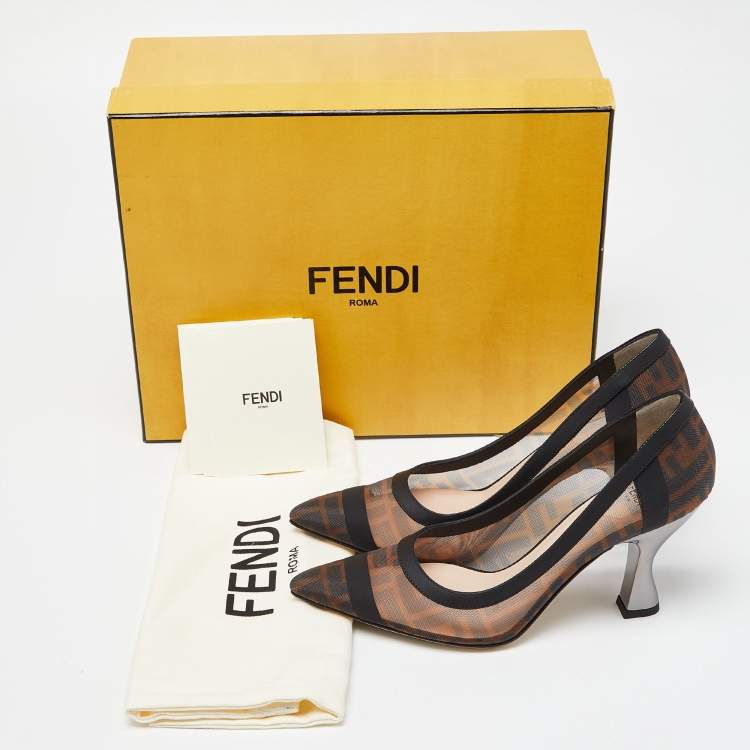 Pre Owned Fendi Brown/Black Mesh and Leather  Colibri Pumps Size 37.5