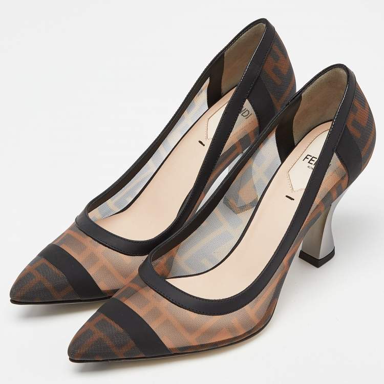 Pre Owned Fendi Brown/Black Mesh and Leather  Colibri Pumps Size 37.5