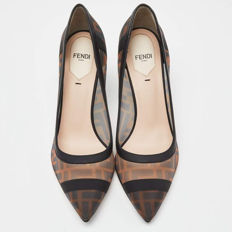 Pre Owned Fendi Brown/Black Mesh and Leather  Colibri Pumps Size 37.5