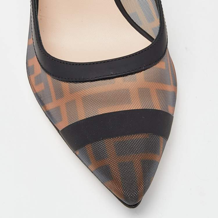 Pre Owned Fendi Brown/Black Mesh and Leather  Colibri Pumps Size 37.5