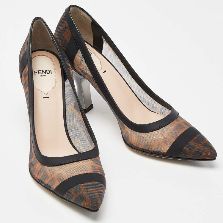 Pre Owned Fendi Brown/Black Mesh and Leather  Colibri Pumps Size 37.5