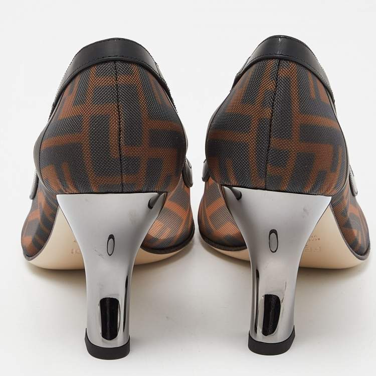 Pre Owned Fendi Brown/Black Mesh and Leather  Colibri Pumps Size 37.5