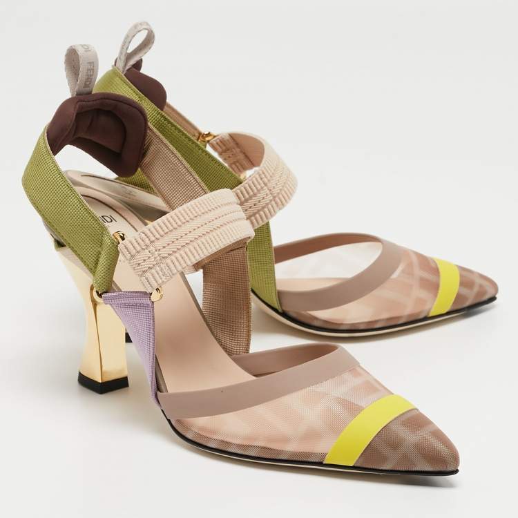 مملوكة مسبقًا Fendi Multicolor Technical Mesh and Fabric Colibri Slingback Pumps Size 36