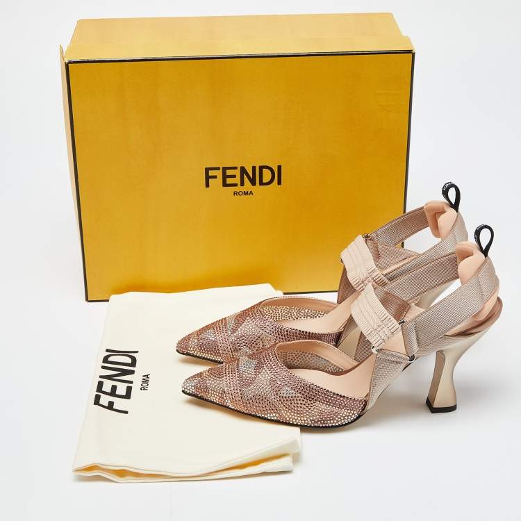 Pre Owned Fendi Multicolor Mesh Crystal Embellished Colibri  Slingback Pumps Size 39