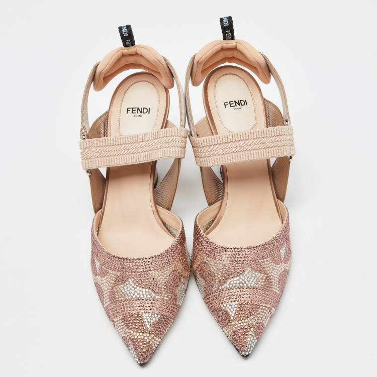Pre Owned Fendi Multicolor Mesh Crystal Embellished Colibri  Slingback Pumps Size 39