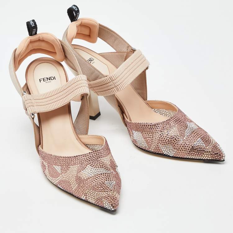 Pre Owned Fendi Multicolor Mesh Crystal Embellished Colibri  Slingback Pumps Size 39