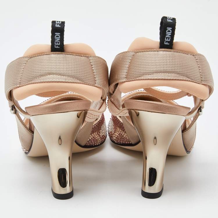 Pre Owned Fendi Multicolor Mesh Crystal Embellished Colibri  Slingback Pumps Size 39