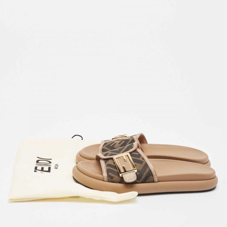 Pre Owned Fendi Brown Zucca Canvas FF Buckle Slides Size 36