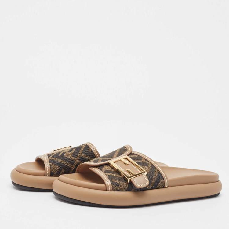 Pre Owned Fendi Brown Zucca Canvas FF Buckle Slides Size 36