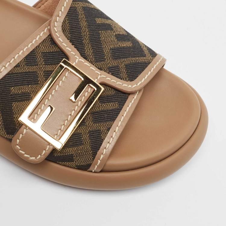 Pre Owned Fendi Brown Zucca Canvas FF Buckle Slides Size 36