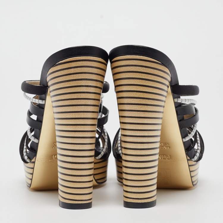Pre Owned Fendi Black Leather Strappy Platform Slide Sandals Size 39