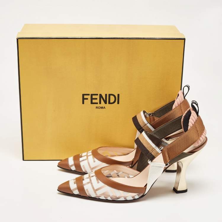 Pre Owned Fendi Brown/White PVC and Leather Colibri Slingback Pumps Size 40