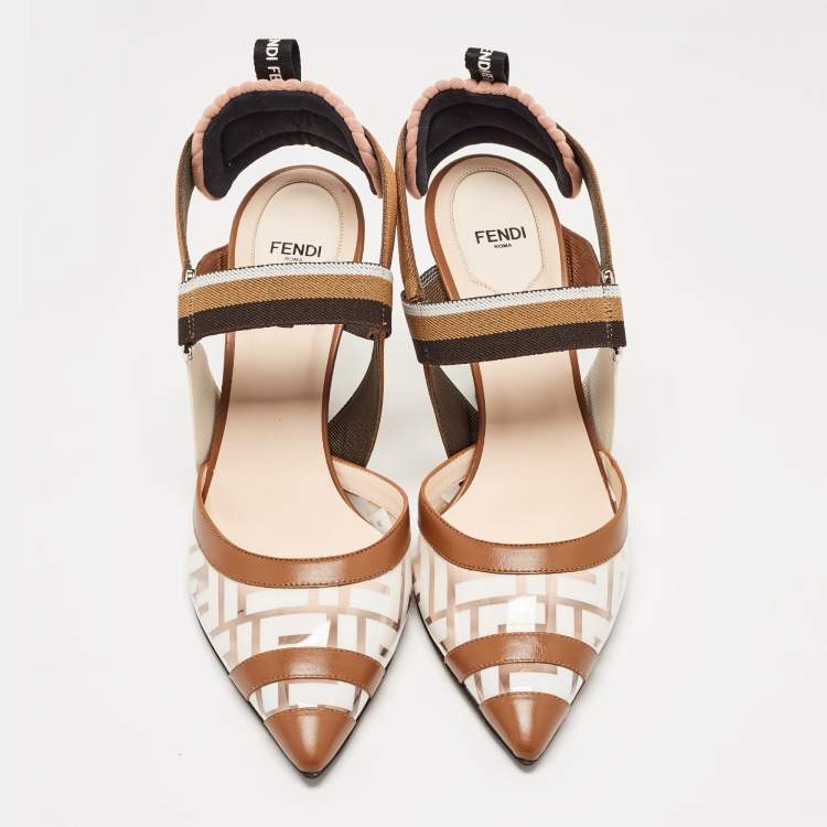 Pre Owned Fendi Brown/White PVC and Leather Colibri Slingback Pumps Size 40