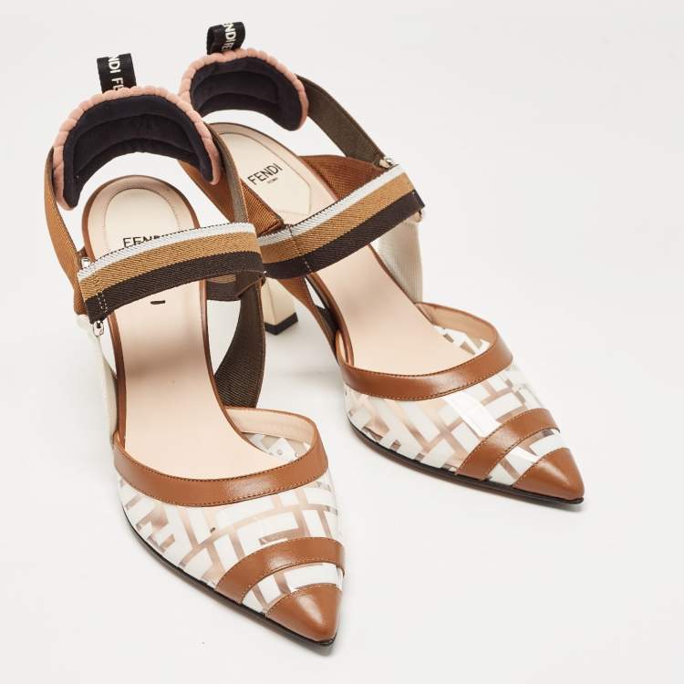 Pre Owned Fendi Brown/White PVC and Leather Colibri Slingback Pumps Size 40